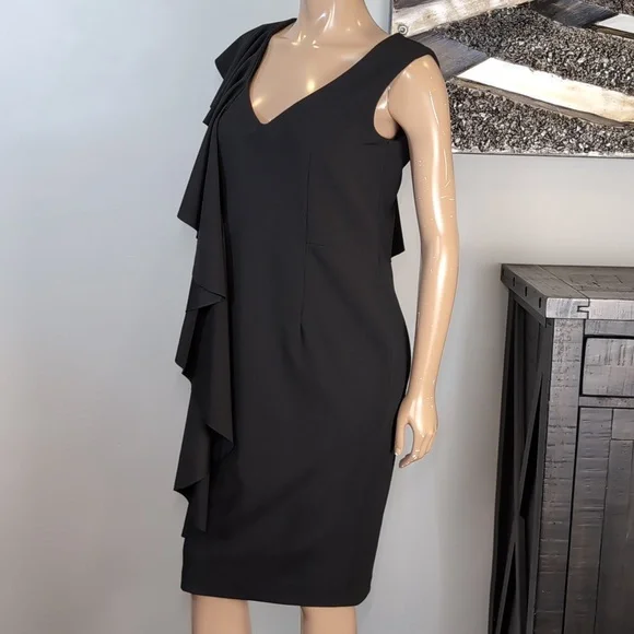 Bailey Ruffle V-Neck Sheath Dress Draped Asymmetric Black Womens Size Medium - Picture 4 of 14